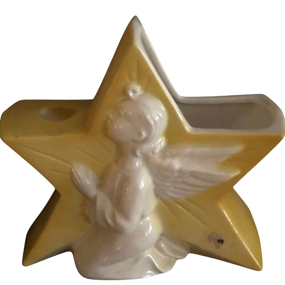 Vintage Royal Copley 1950’s Yellow Angel Star candle holder Planter